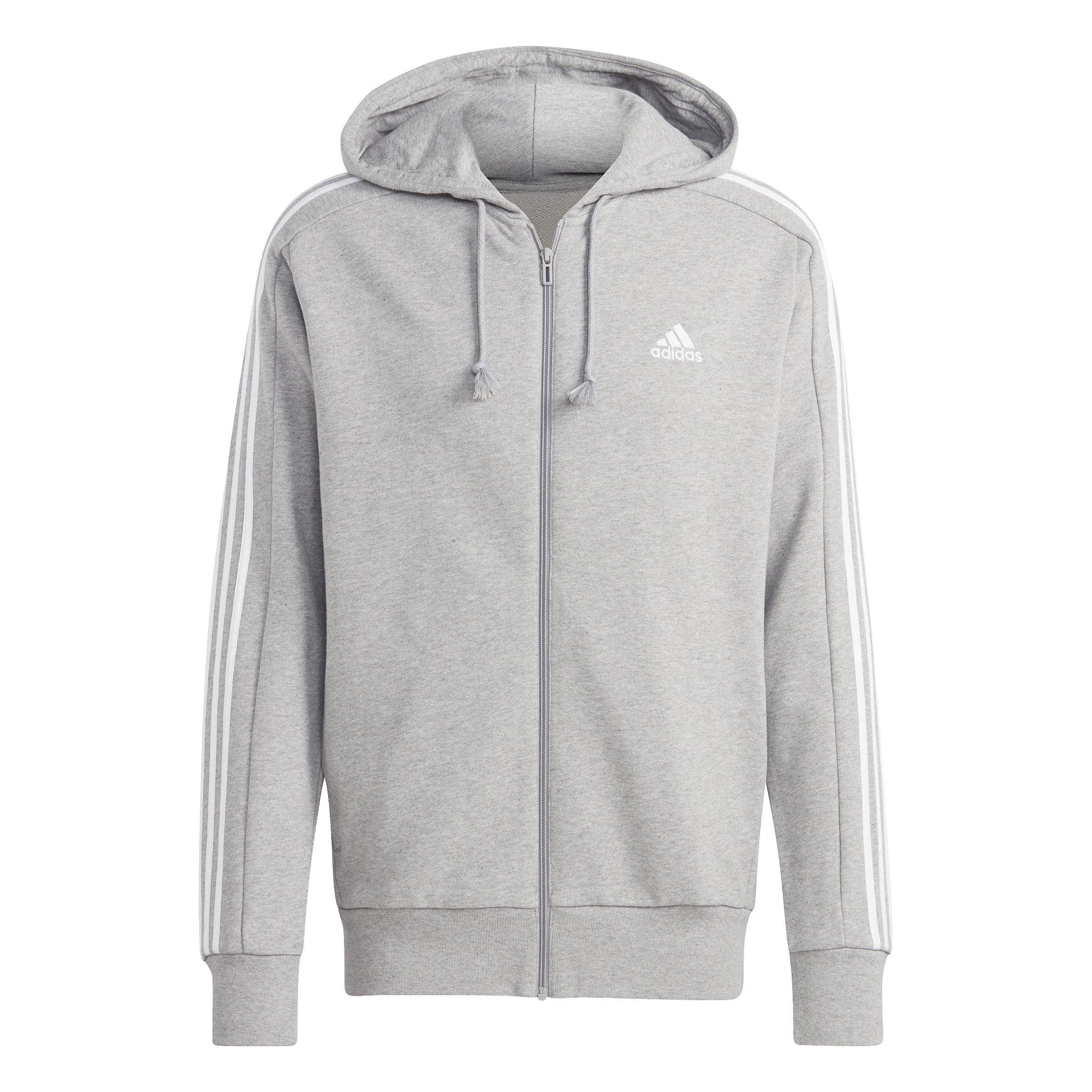adidas Essentials French Terry 3-stripes Full-zip Hoodie Sudadera con capucha, Medium Grey Heather/White, L Hombre