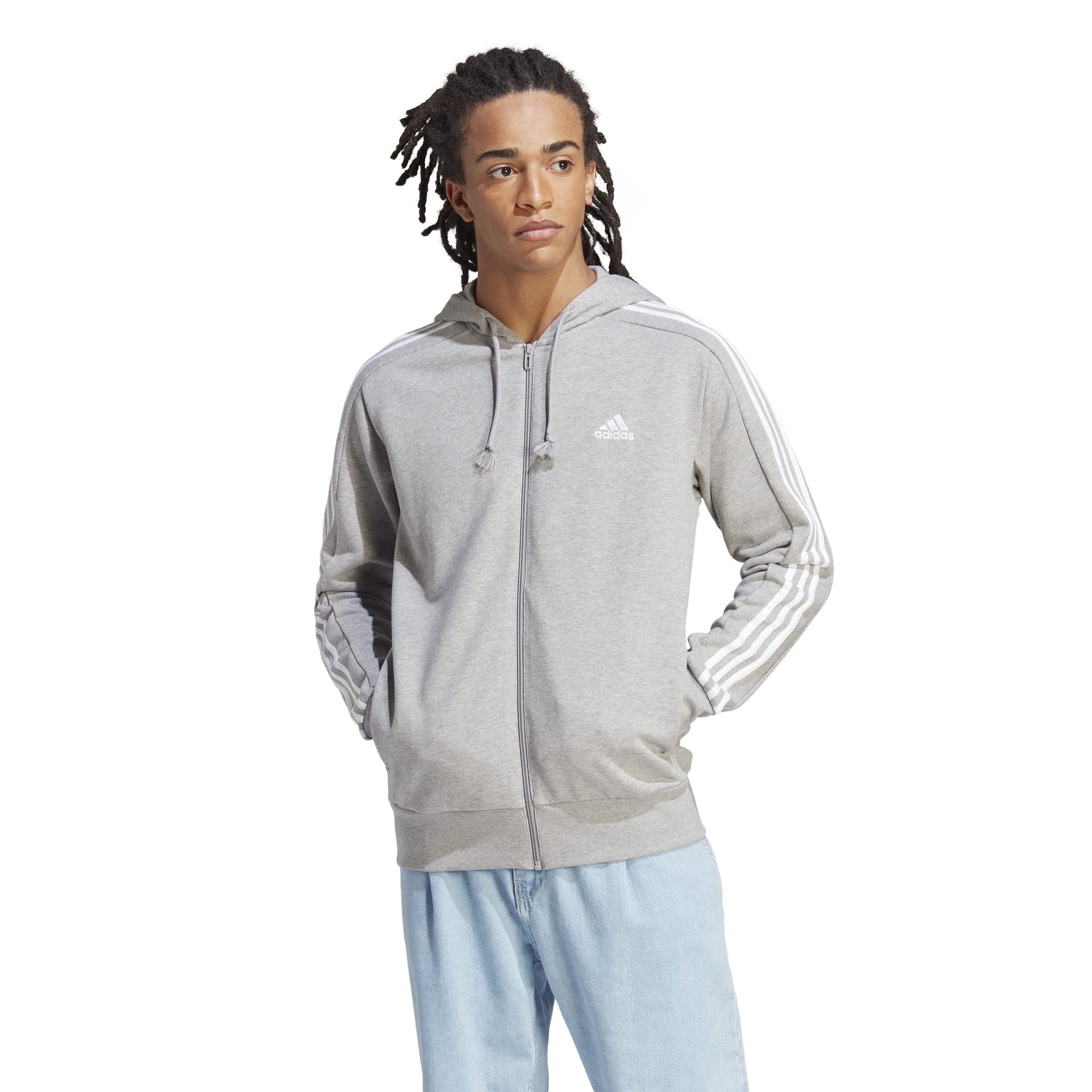 adidas Essentials French Terry 3-stripes Full-zip Hoodie Sudadera con capucha, Medium Grey Heather/White, L Hombre