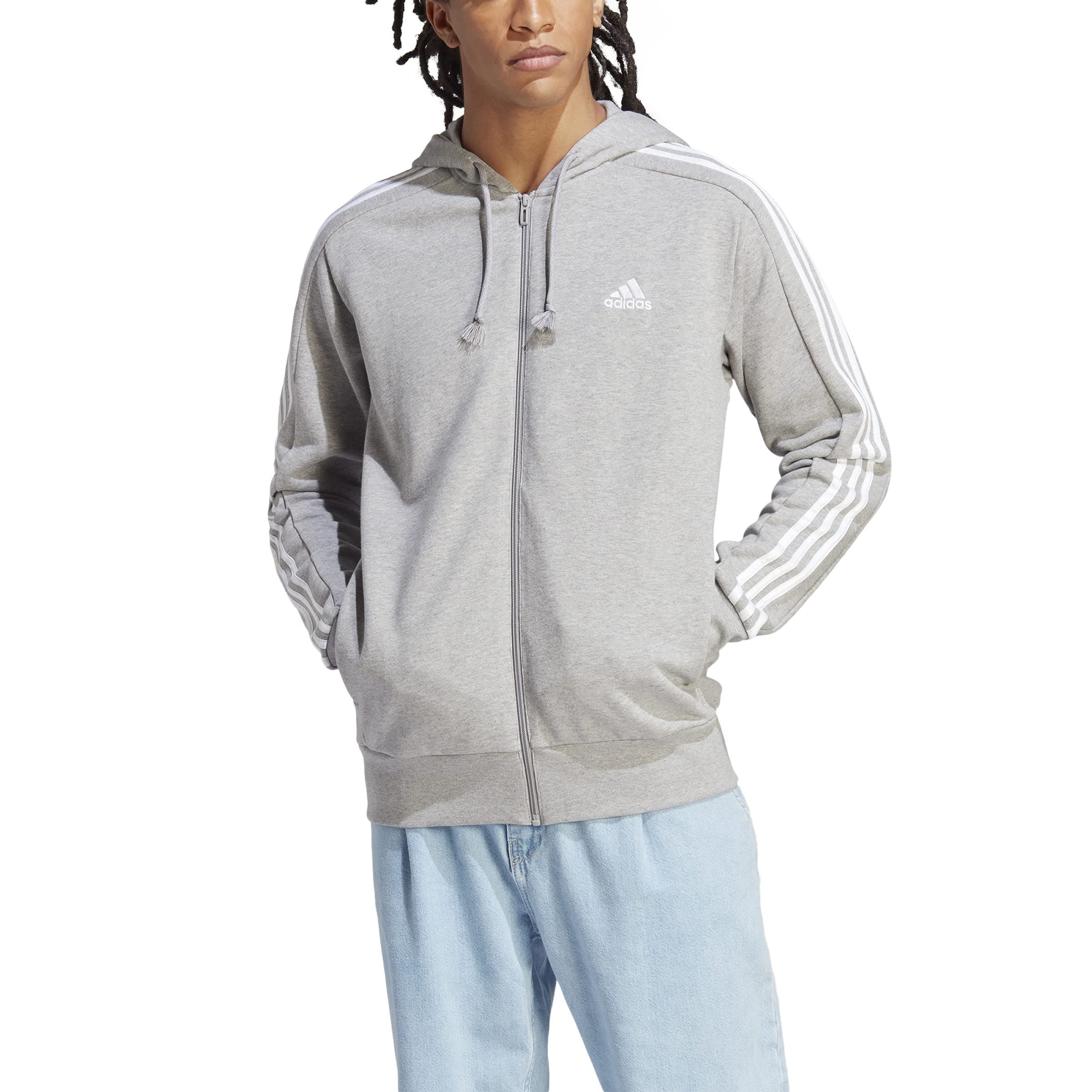 adidas Essentials French Terry 3-stripes Full-zip Hoodie Sudadera con capucha, Medium Grey Heather/White, M Hombre
