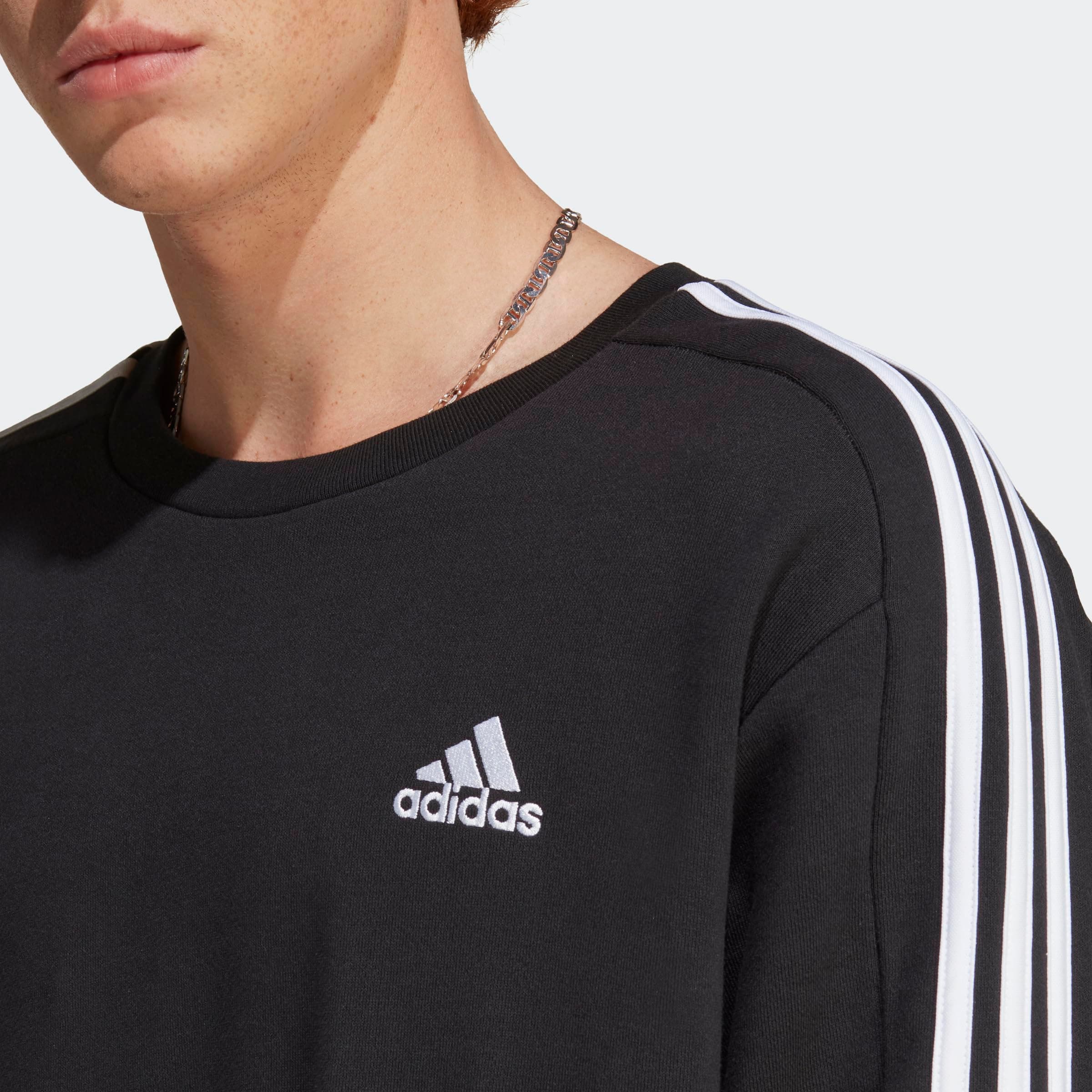 adidas Hombre Essentials French Terry 3-Stripes Sweatshirt, Black, M Tall