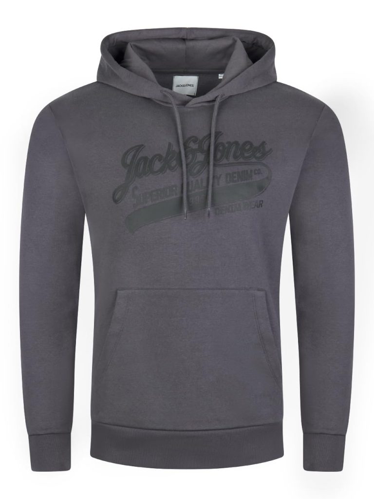 JACK & JONES Sudadera con capucha para hombre JJEADRIAN Sudadera con capucha y bolsillos canguro Corte Regular Algodón Estampado Negro Gris Azul S M L XL XXL 3XL