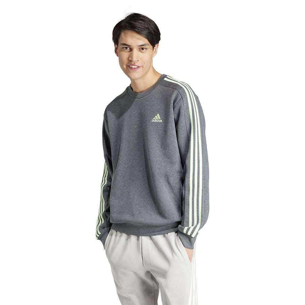 adidas Essentials Fleece 3-Stripes Sweatshirt Sudadera, Dark Grey Heather/Semi Green Spark, S Men's