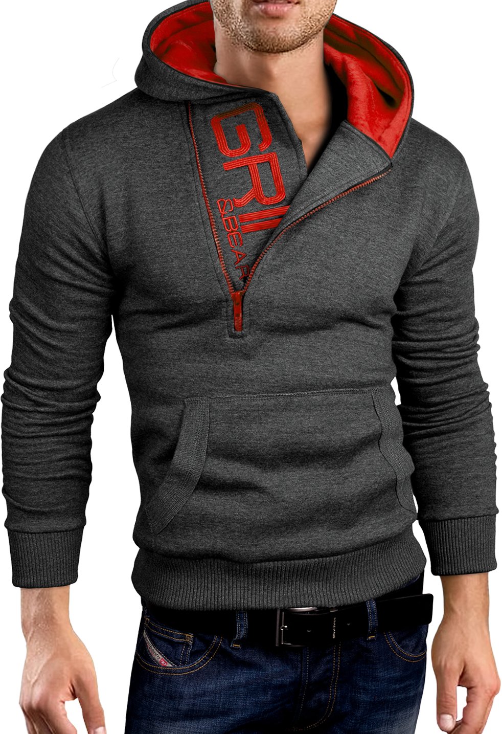 Grin & Bear Sudadera con capucha, de corte ajustado, con media cremallera, GEC401
