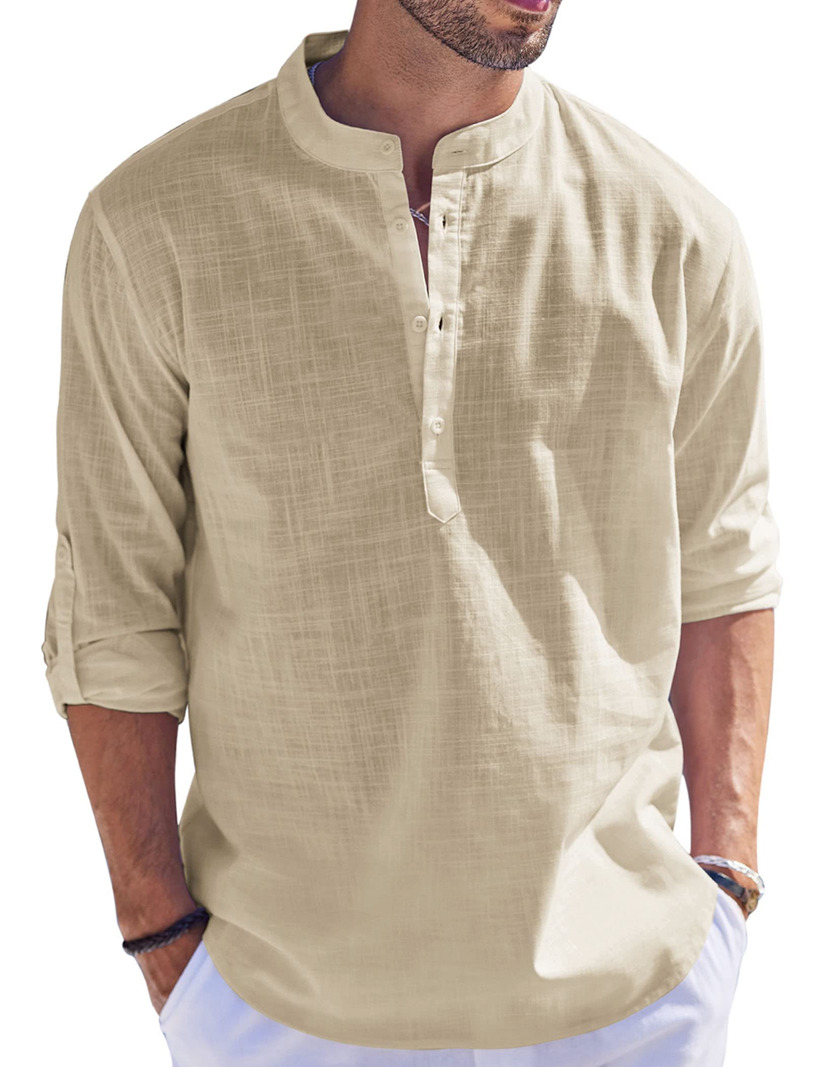 Cegerne Camisa de Lino de algodón de Manga Larga para Hombre Camisa Henley con Botones Camiseta Lisa Casual Camiseta de Hombre para Playa Hippie